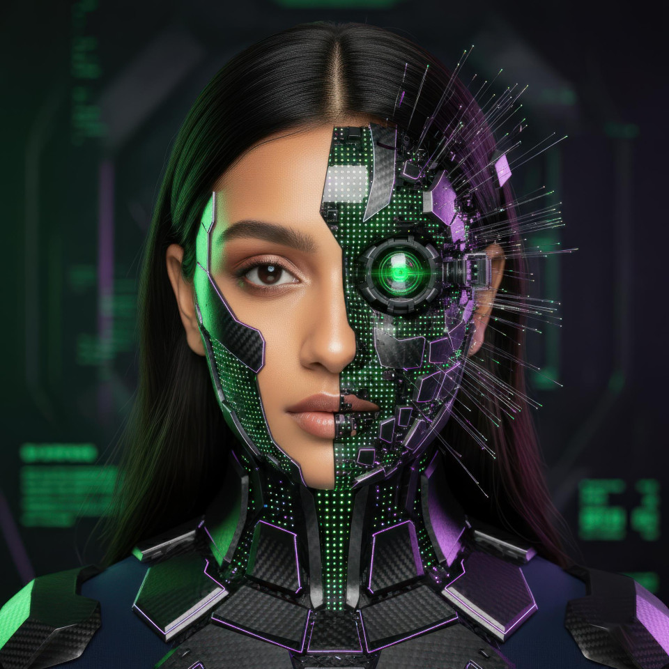 Mixed media sci fi portrait with led matrix skin fusion google gemini prompt  futuristic portrait