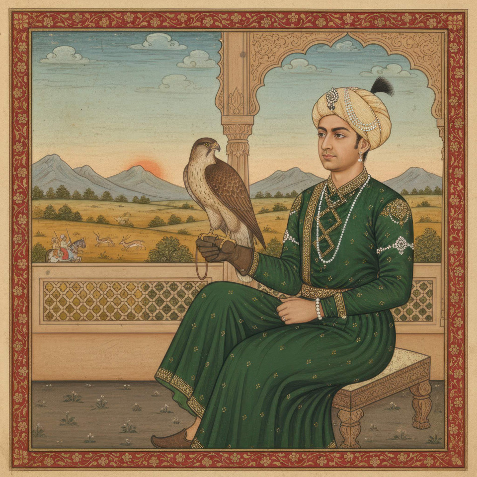 Rajput falconer with hawk on sandstone balcony google gemini prompt