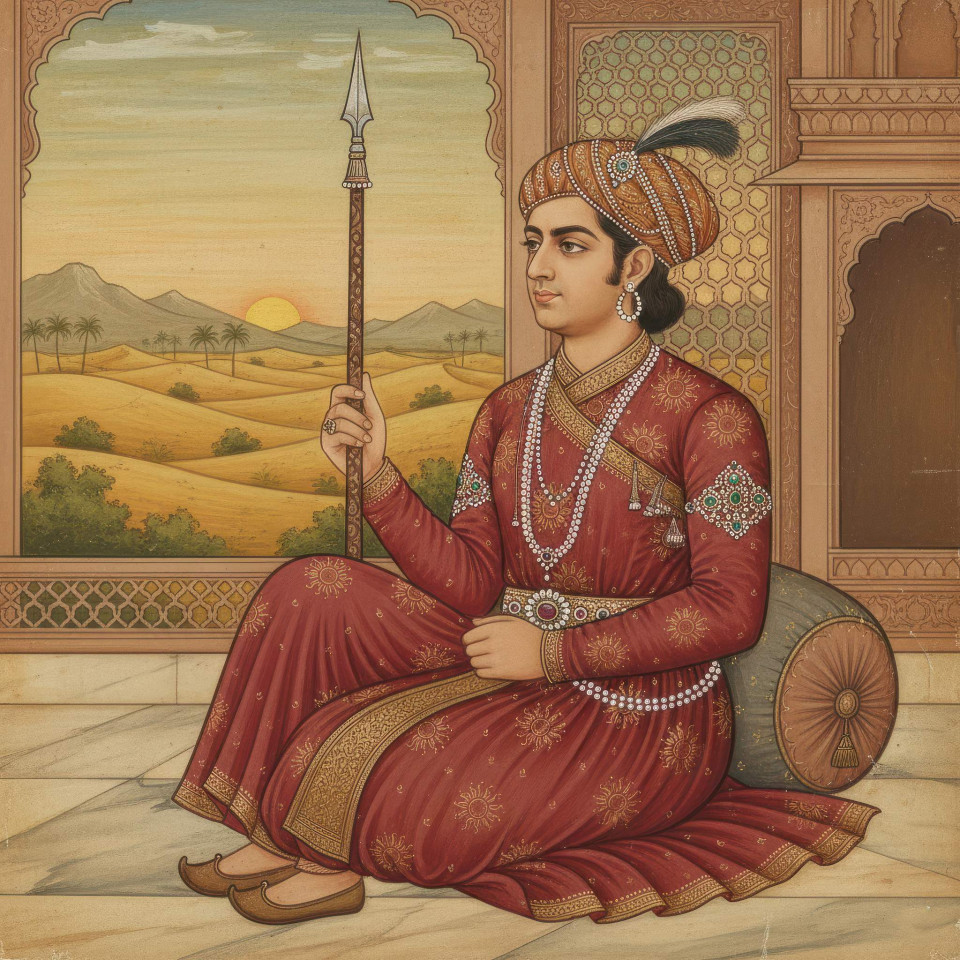 Rajput prince with spear on desert fortress terrace google gemini prompt