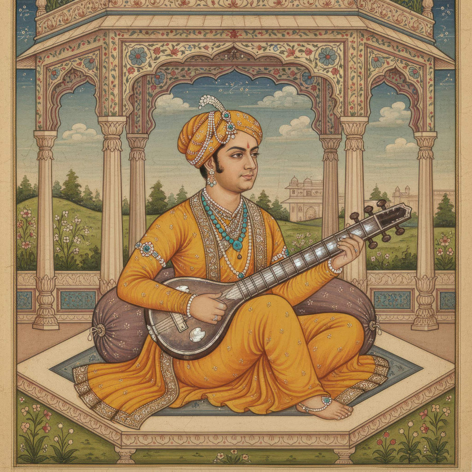 Rajput king playing sitar in music pavilion google gemini prompt