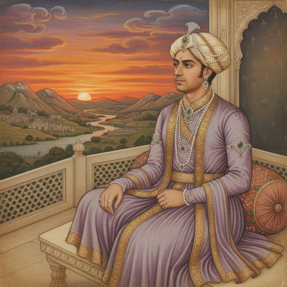 Rajput king gazing horizon from palace balcony google gemini prompt