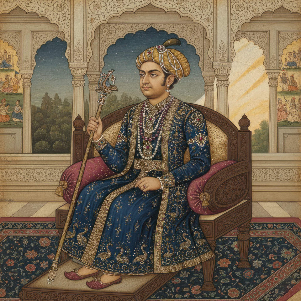 Rajput emperor with jeweled scepter in throne hall google gemini prompt