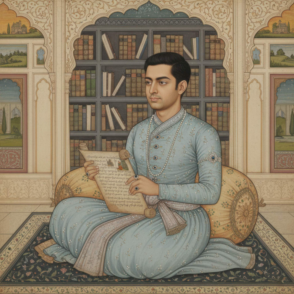Rajput noble reading scroll in palace library google gemini prompt
