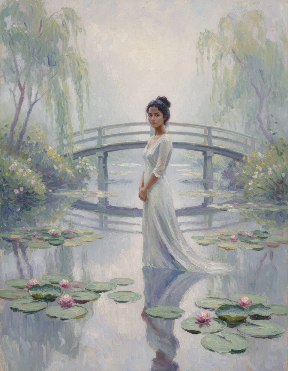 Person in serene japanese water garden french impressionist oil painting google gemini prompt