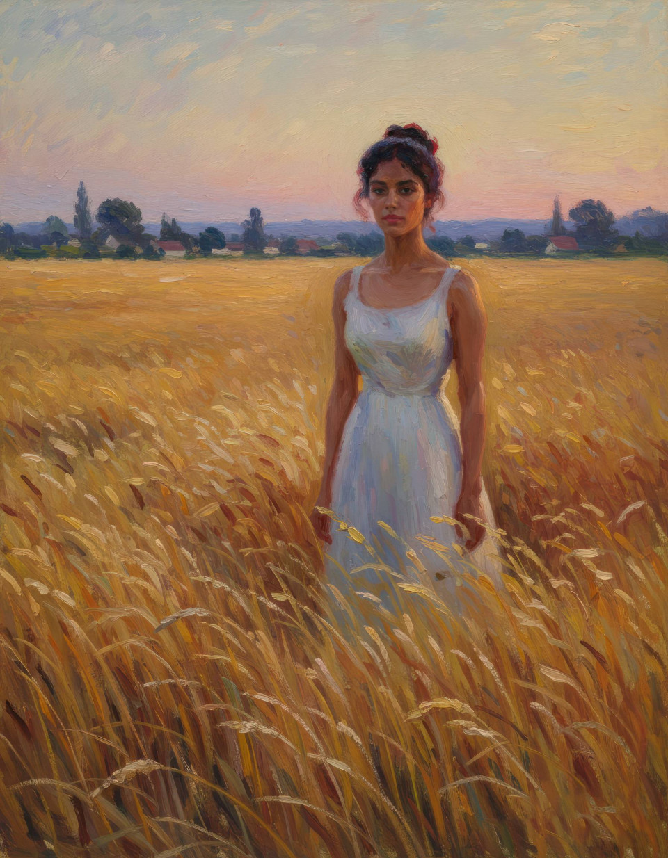 Person in golden wheat fields at dusk french impressionist oil painting google gemini prompt