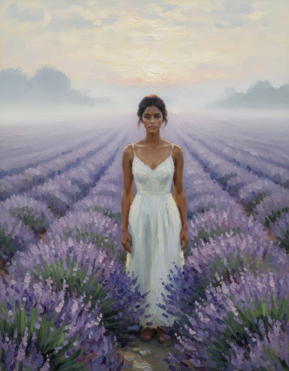 Person in rolling lavender fields at dawn french impressionist oil painting google gemini prompt
