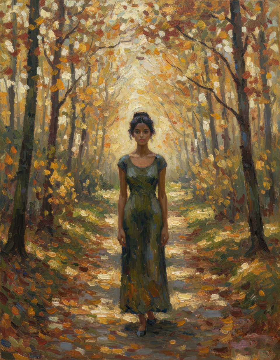Person on autumn forest path french impressionist oil painting google gemini prompt