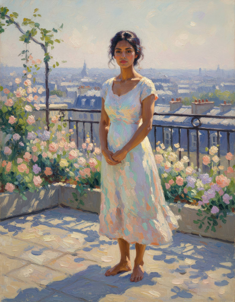 Person on springtime rooftop terrace french impressionist oil painting google gemini prompt