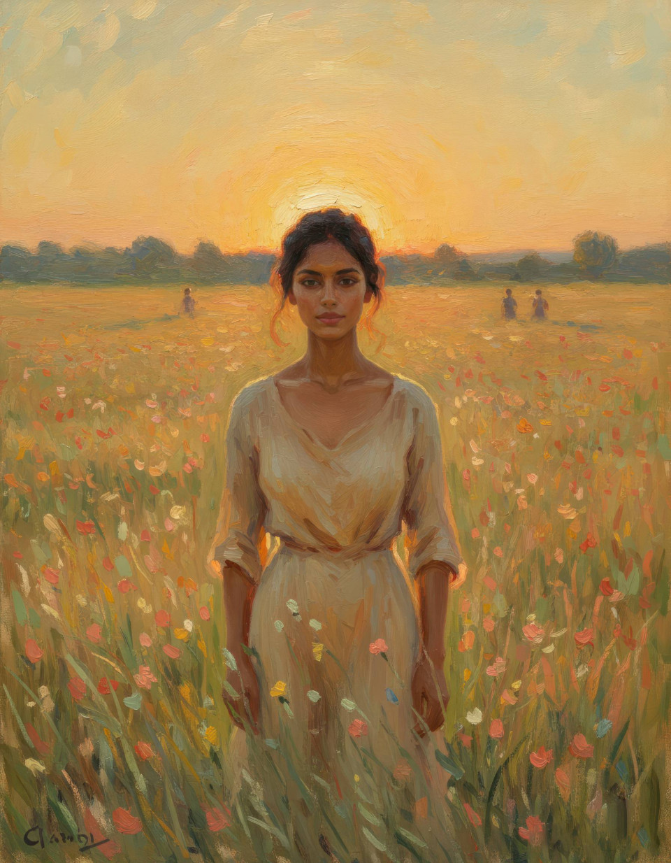 Person in golden sunset meadow french impressionist oil painting google gemini prompt