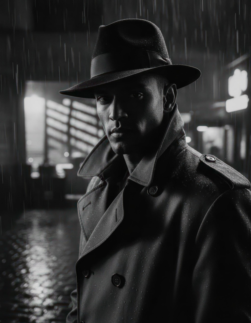 Cinematic film noir portrait of person in rainy city street google gemini prompt