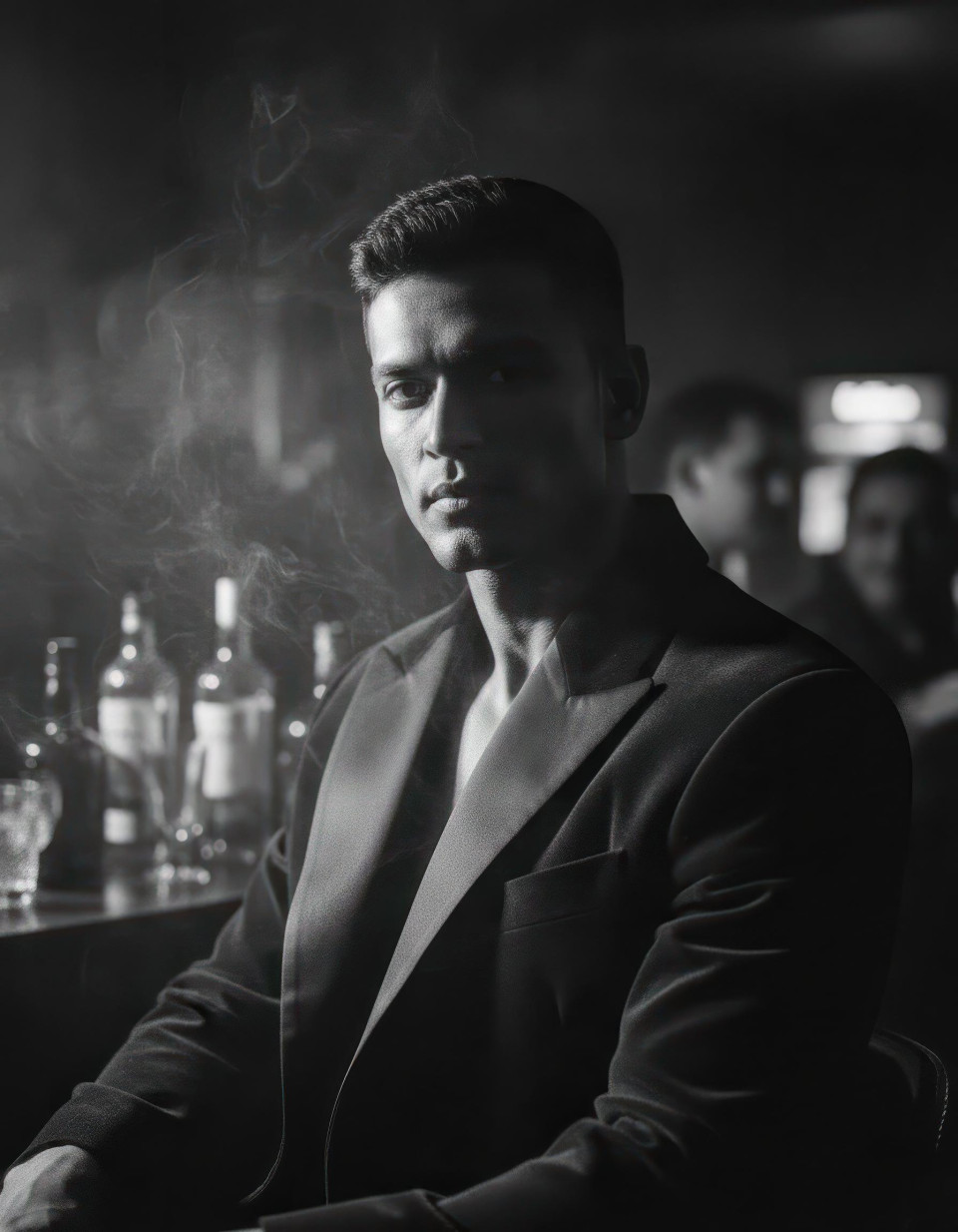 Cinematic film noir portrait of person in smoky lounge google gemini prompt