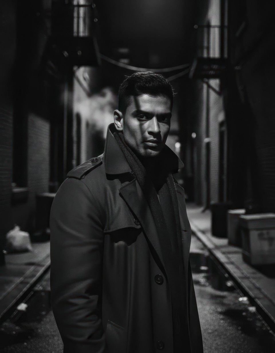 Cinematic film noir portrait of person in dark alley with moonlight google gemini prompt