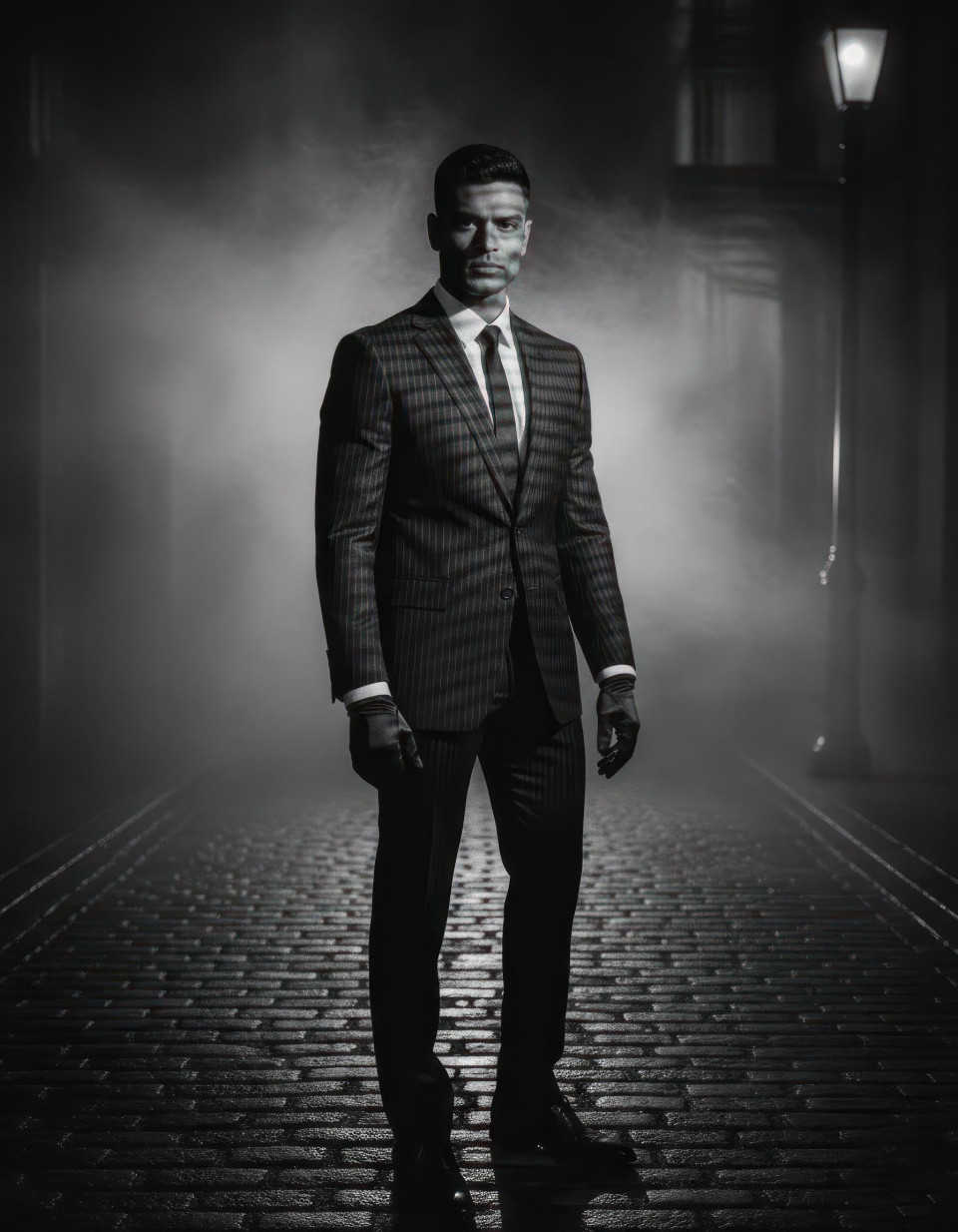 Cinematic film noir portrait of person in misty street under streetlamp google gemini prompt