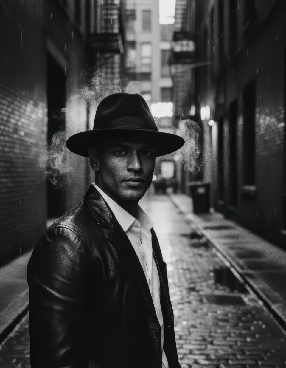 Cinematic film noir portrait of person in dimly lit alley google gemini prompt