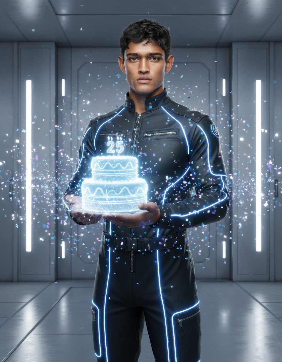 Man celebrating birthday in futuristic studio with hologram google gemini prompt