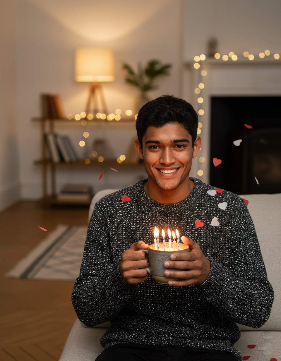 Man celebrating birthday at cozy home with warm lights google gemini prompt