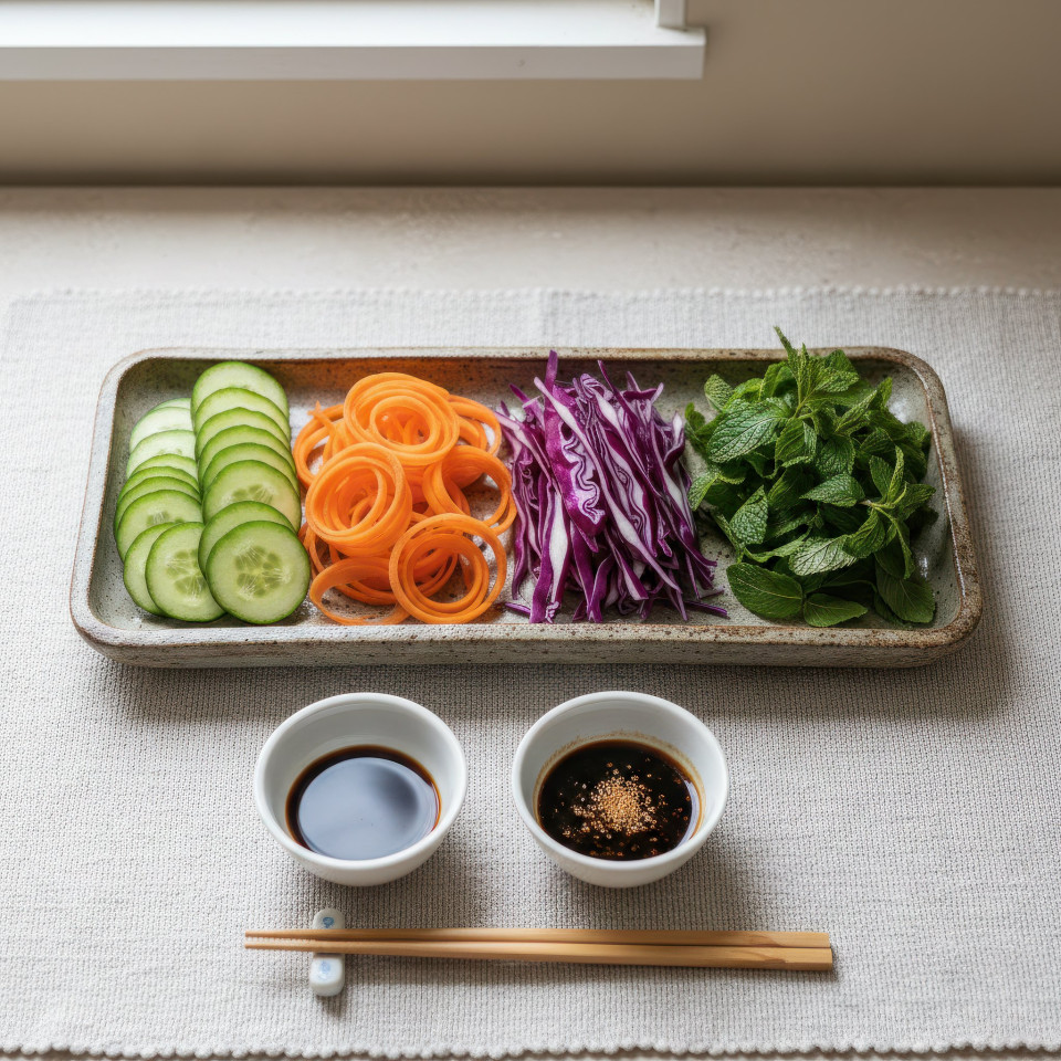 Raw vegetable slices prep on ceramic tray google gemini prompt