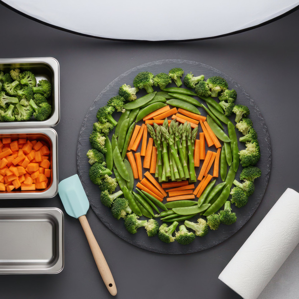 Raw green vegetables prep on slate board google gemini prompt