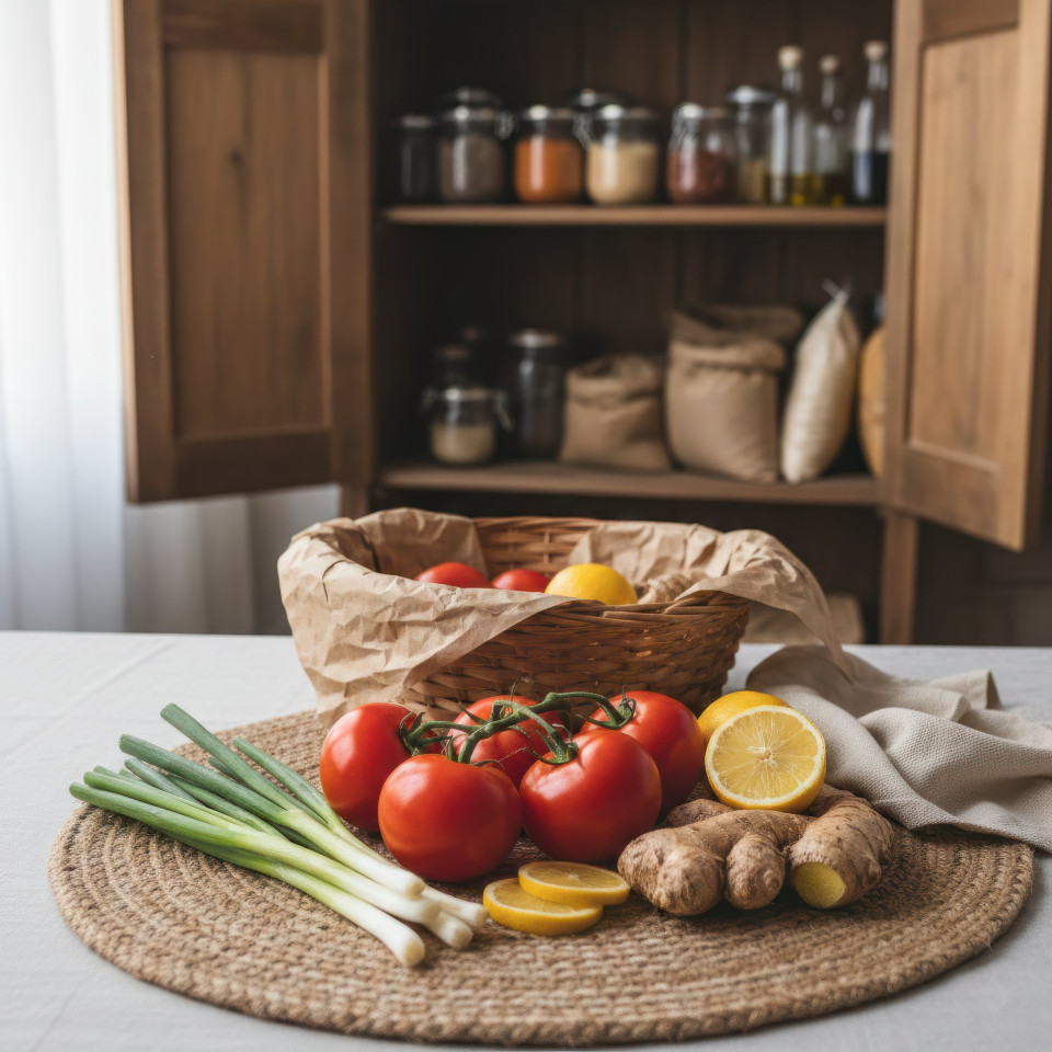 Raw market vegetables prep on jute placemat google gemini prompt