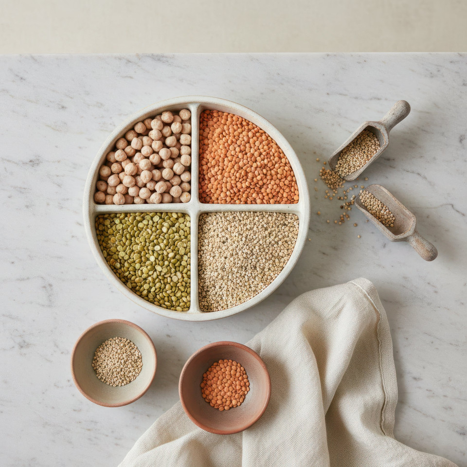 Raw legumes and grains prep on stone countertop google gemini prompt