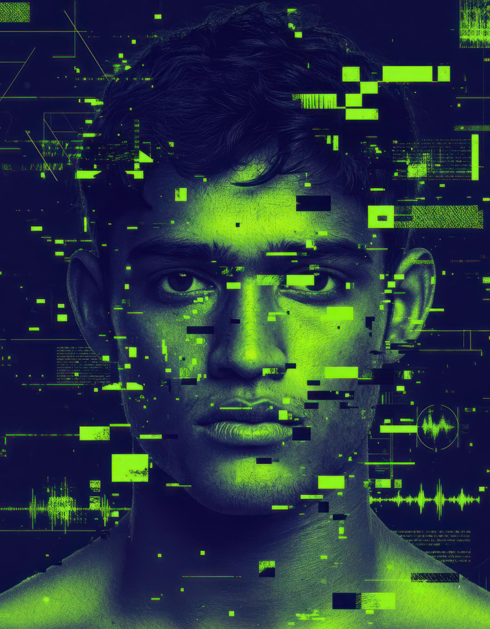 Glitch art experimental music producer neon portrait google gemini prompt