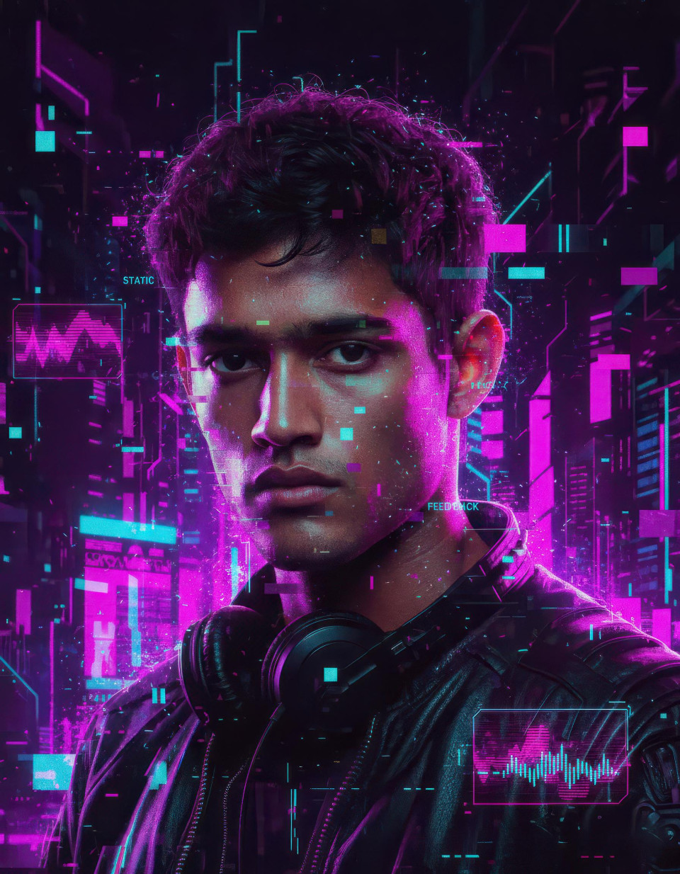 Glitch art cyberpunk nightclub dj neon portrait google gemini prompt