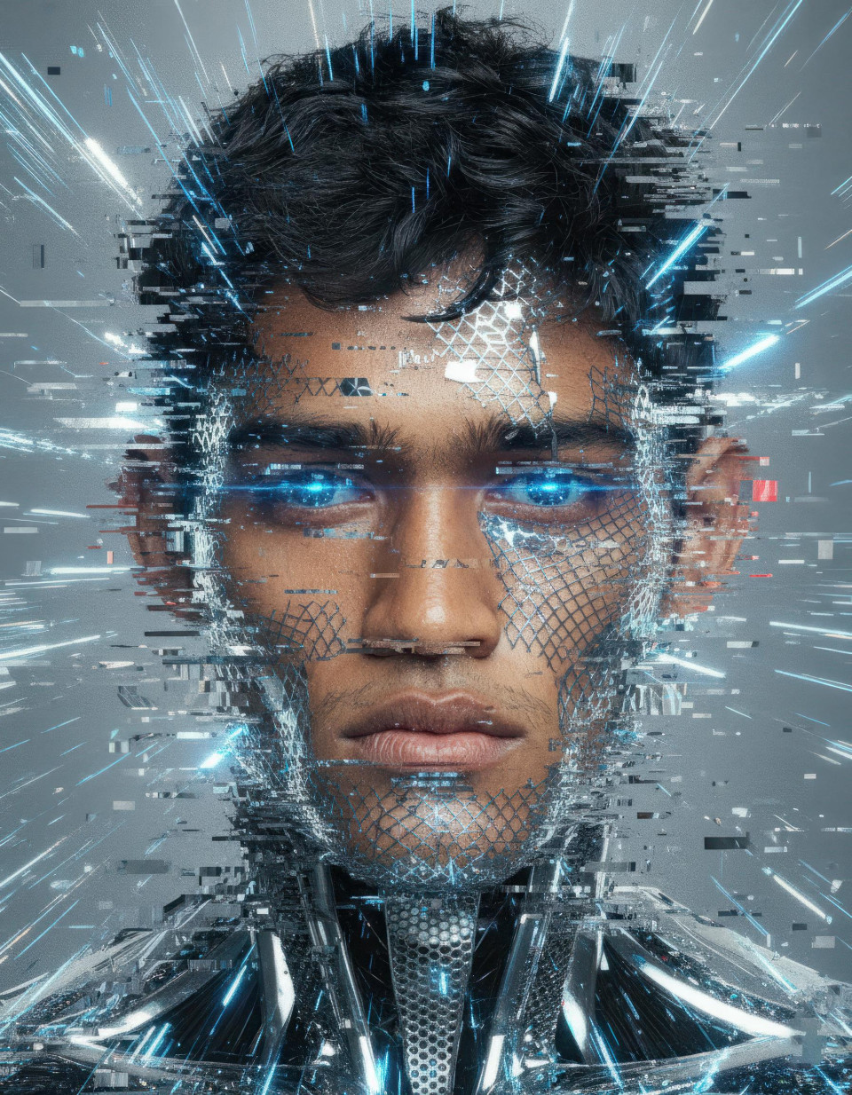 Glitch art cybernetic athlete digital shatter portrait google gemini prompt
