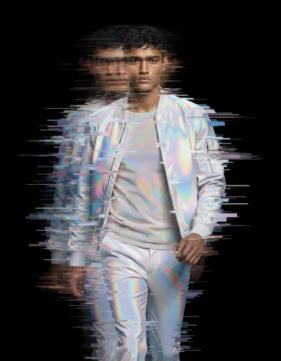 Glitch art holographic runway model pixel portrait google gemini prompt