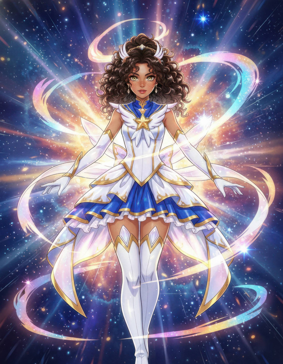 Magical girl heroine transforming in cosmic starburst google gemini prompt