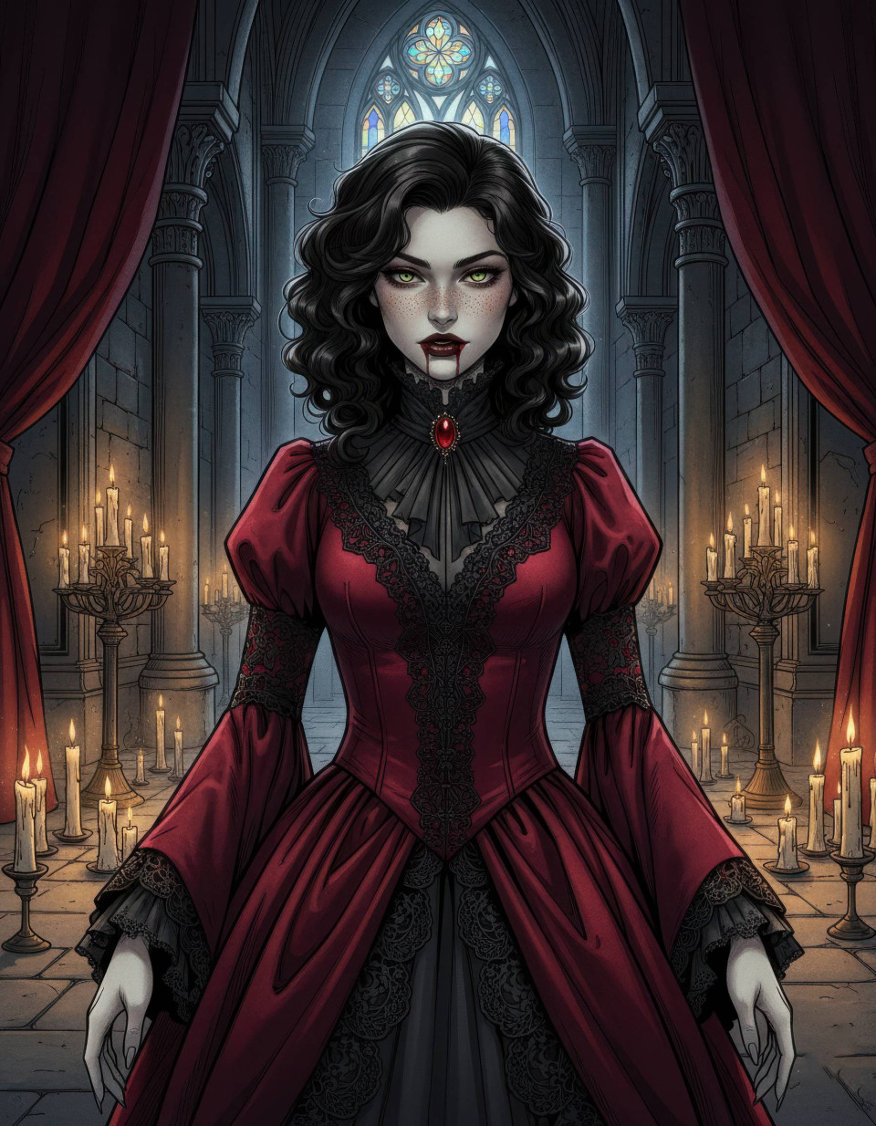 Elegant vampire woman in candlelit gothic castle google gemini prompt