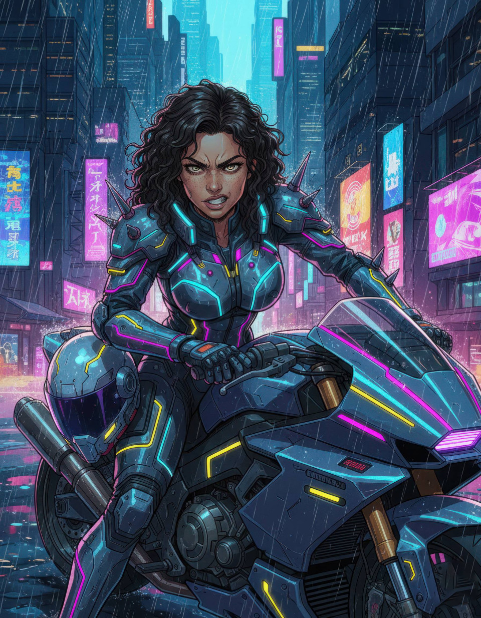 Cyberpunk neon biker woman in rainy megacity google gemini prompt