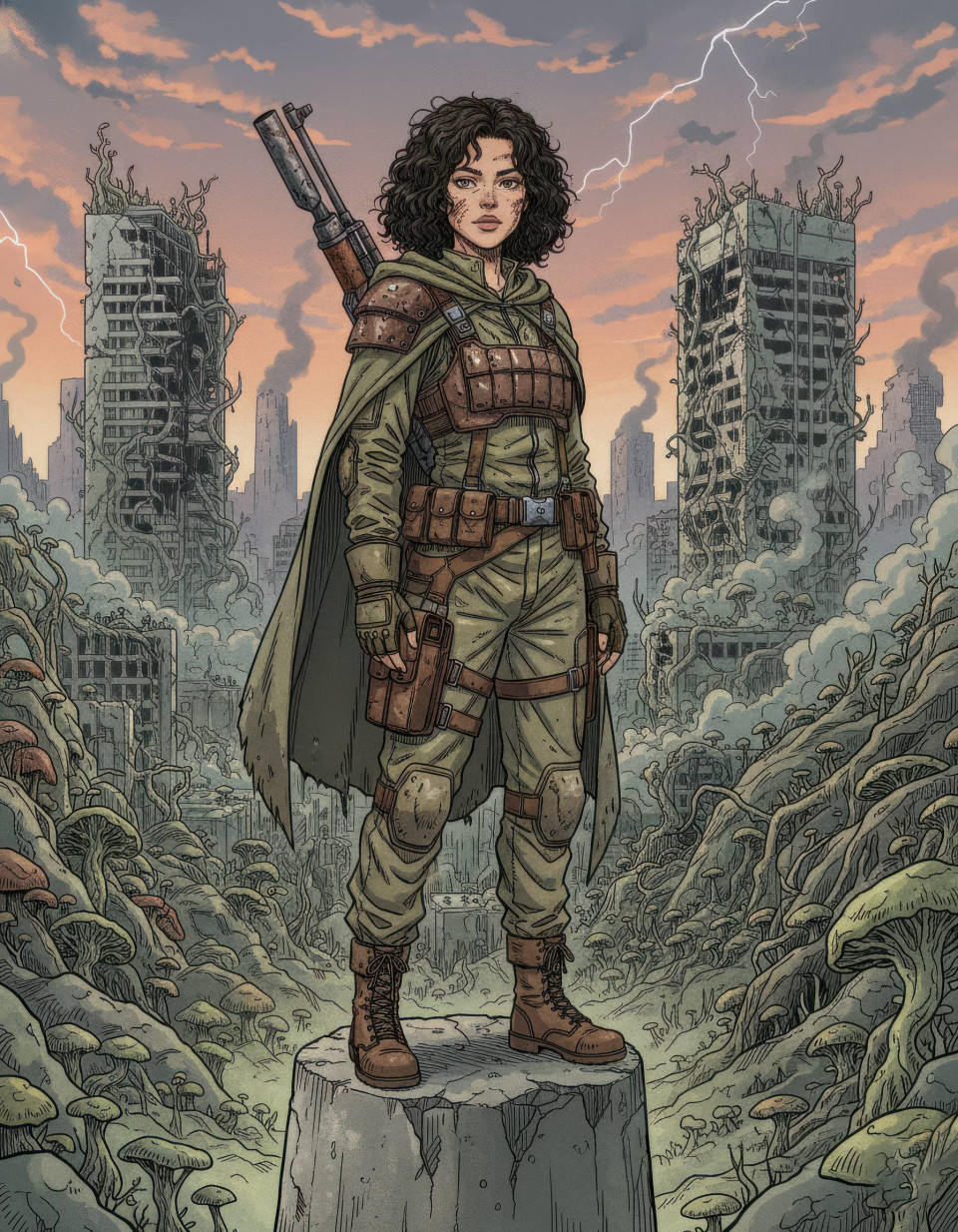 Resilient wasteland woman in ruined overgrown city google gemini prompt