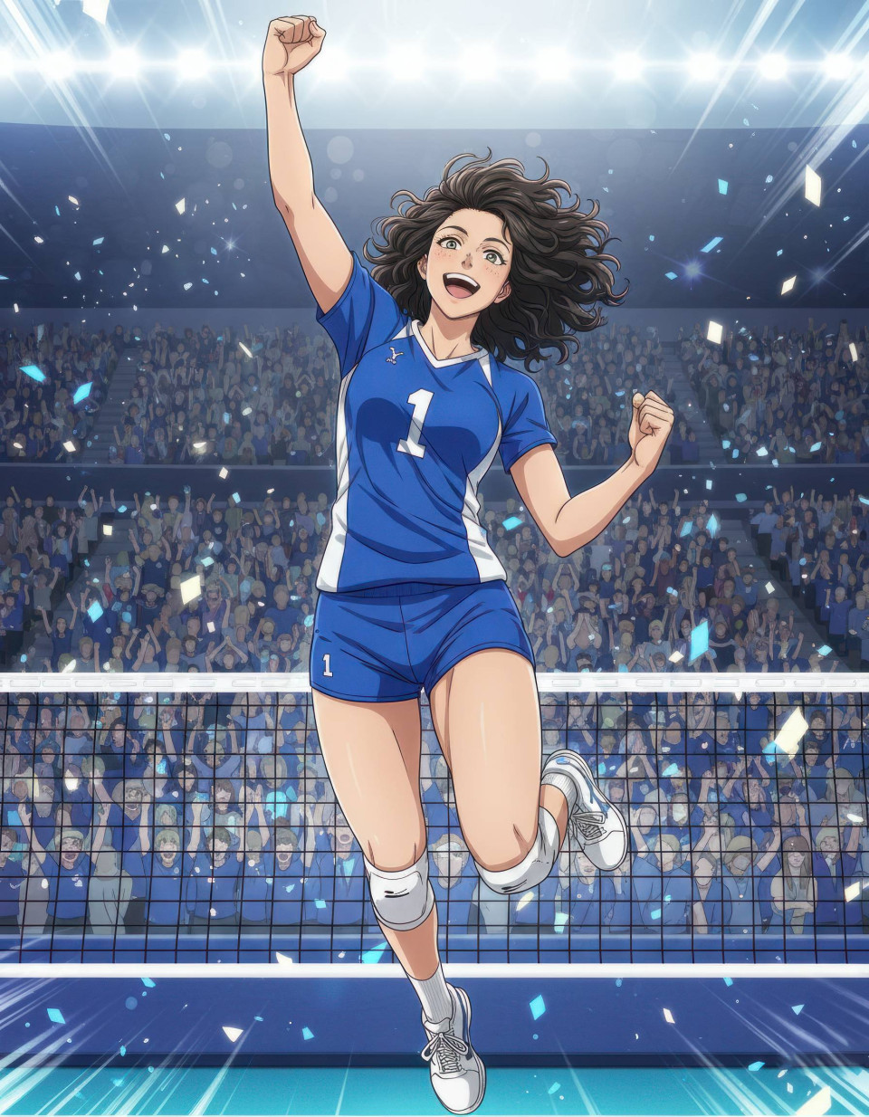 Triumphant female volleyball captain in packed stadium google gemini prompt