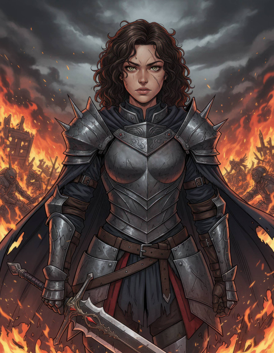 Dark fantasy female knight on burning battlefield google gemini prompt