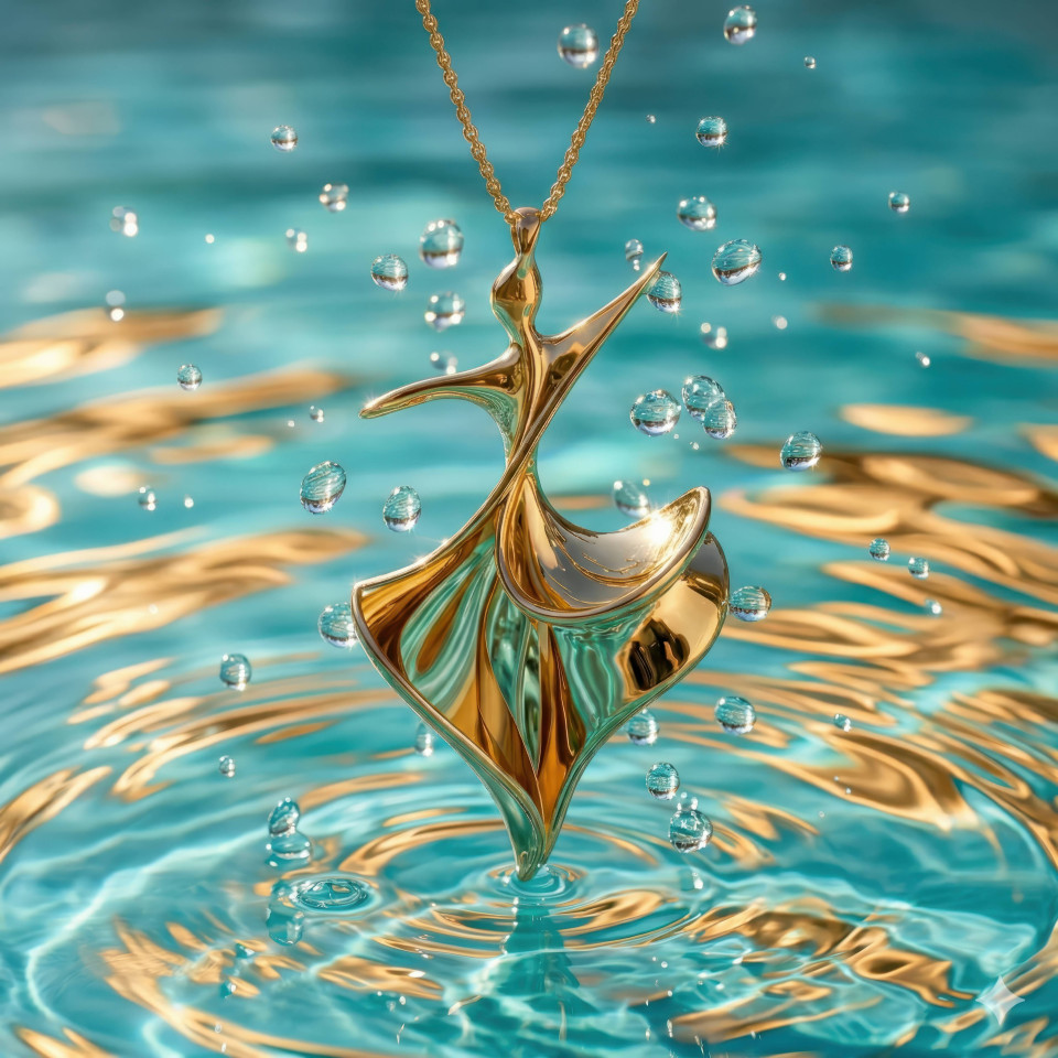 Gold necklace in turquoise water luxury reflective scene google gemini prompt