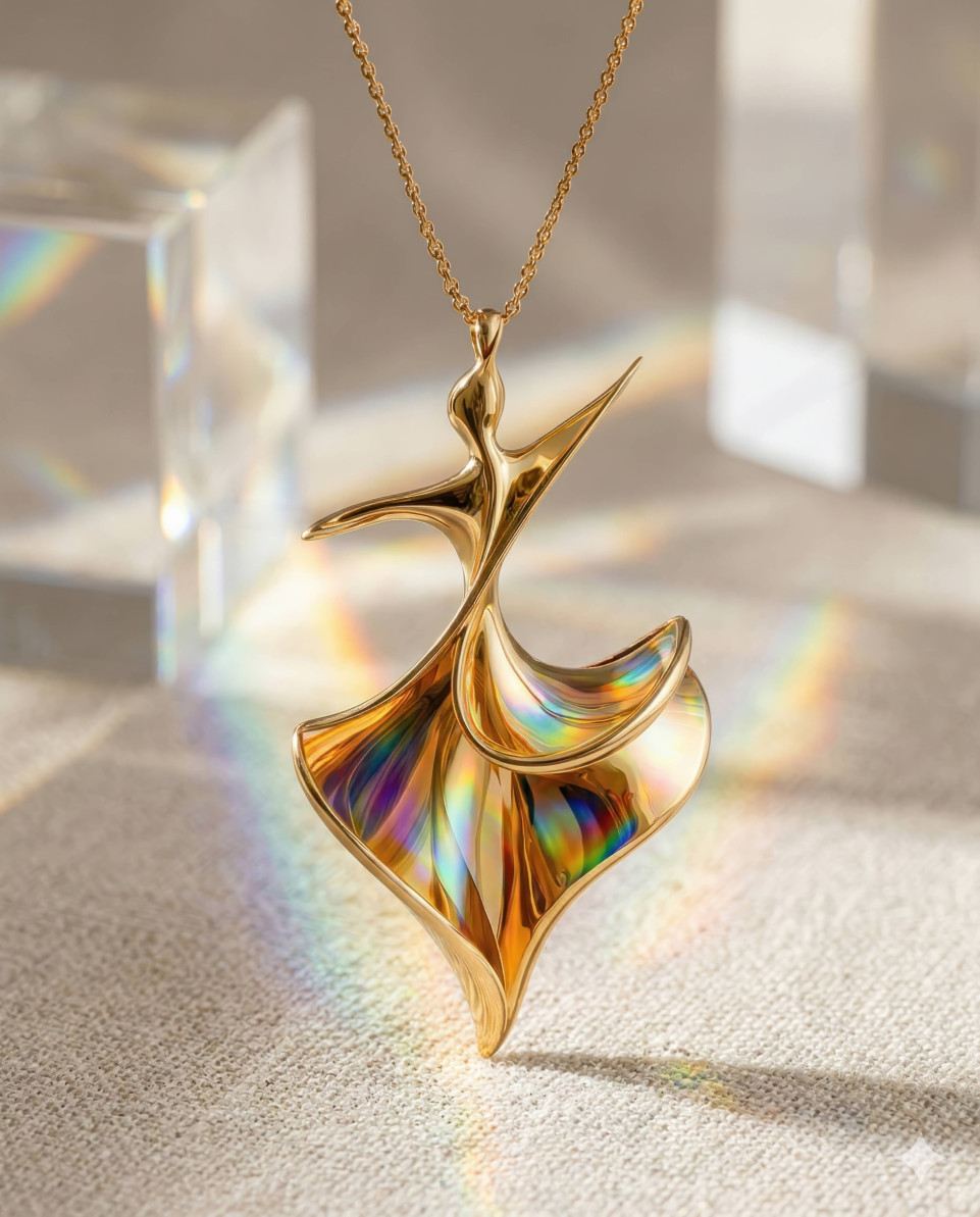 Gold necklace with prism rainbow light luxury product shot google gemini prompt