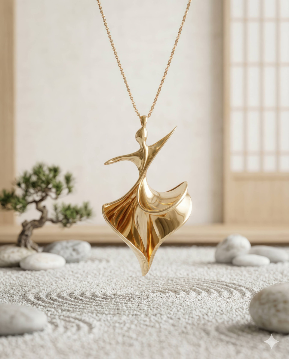 Floating gold pendant in minimalist zen garden concept google gemini prompt