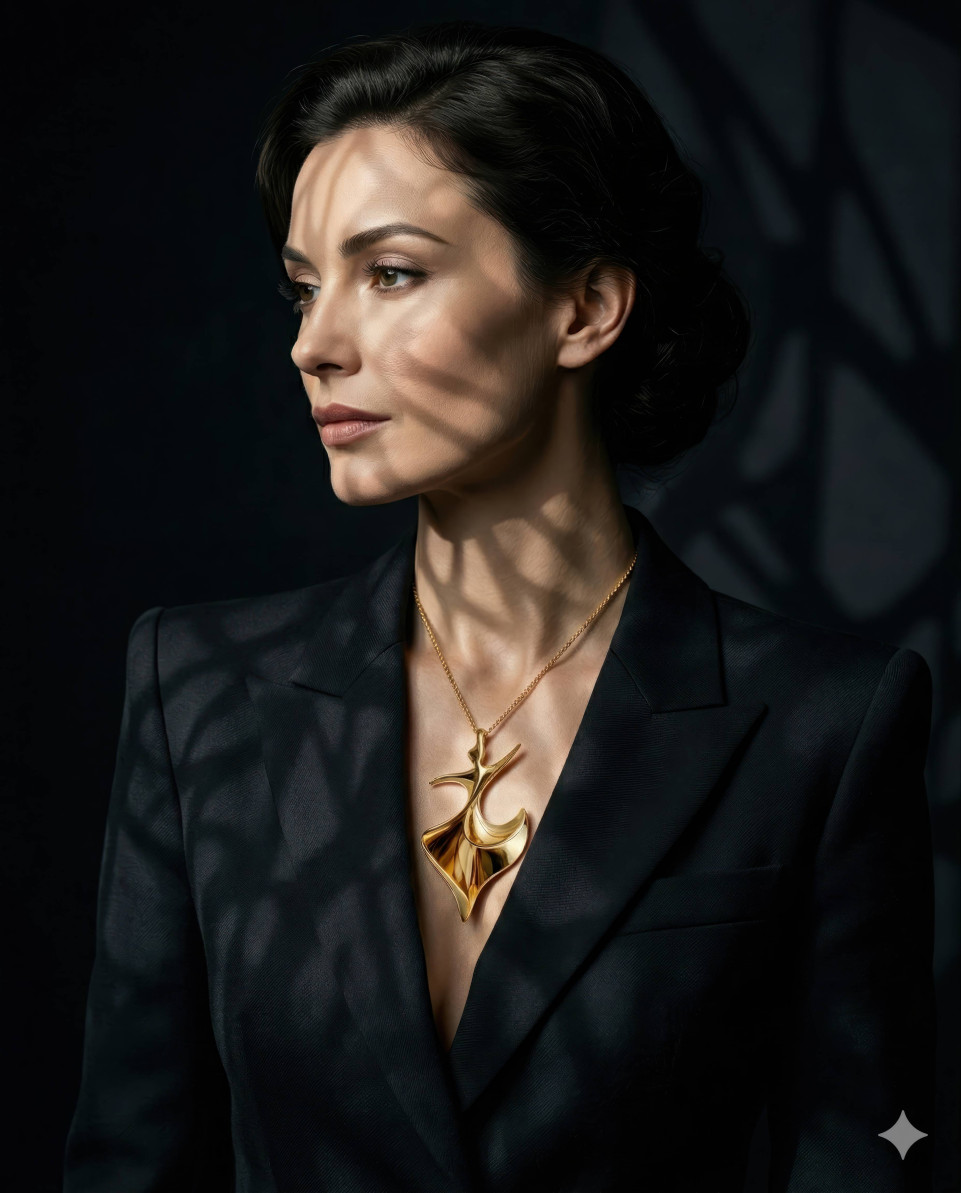 High fashion portrait with gold necklace dark obsidian scene google gemini prompt