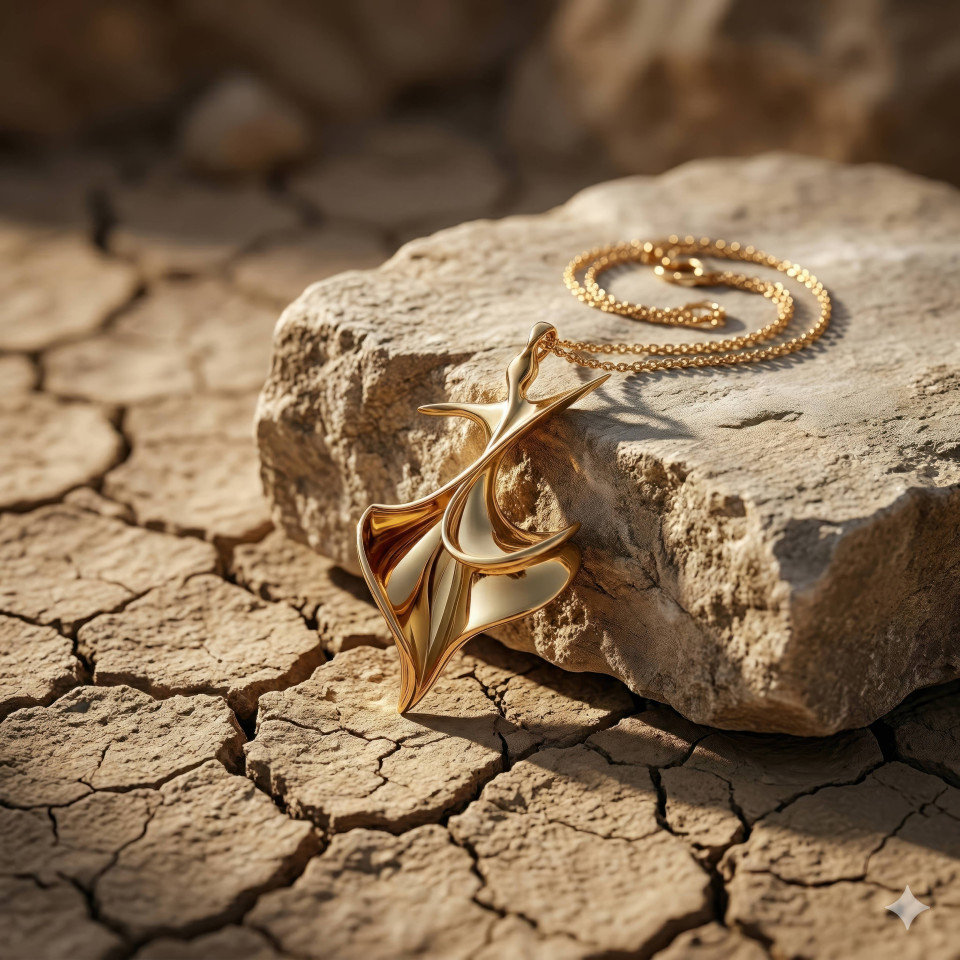 Gold pendant on cracked clay rugged luxury concept google gemini prompt