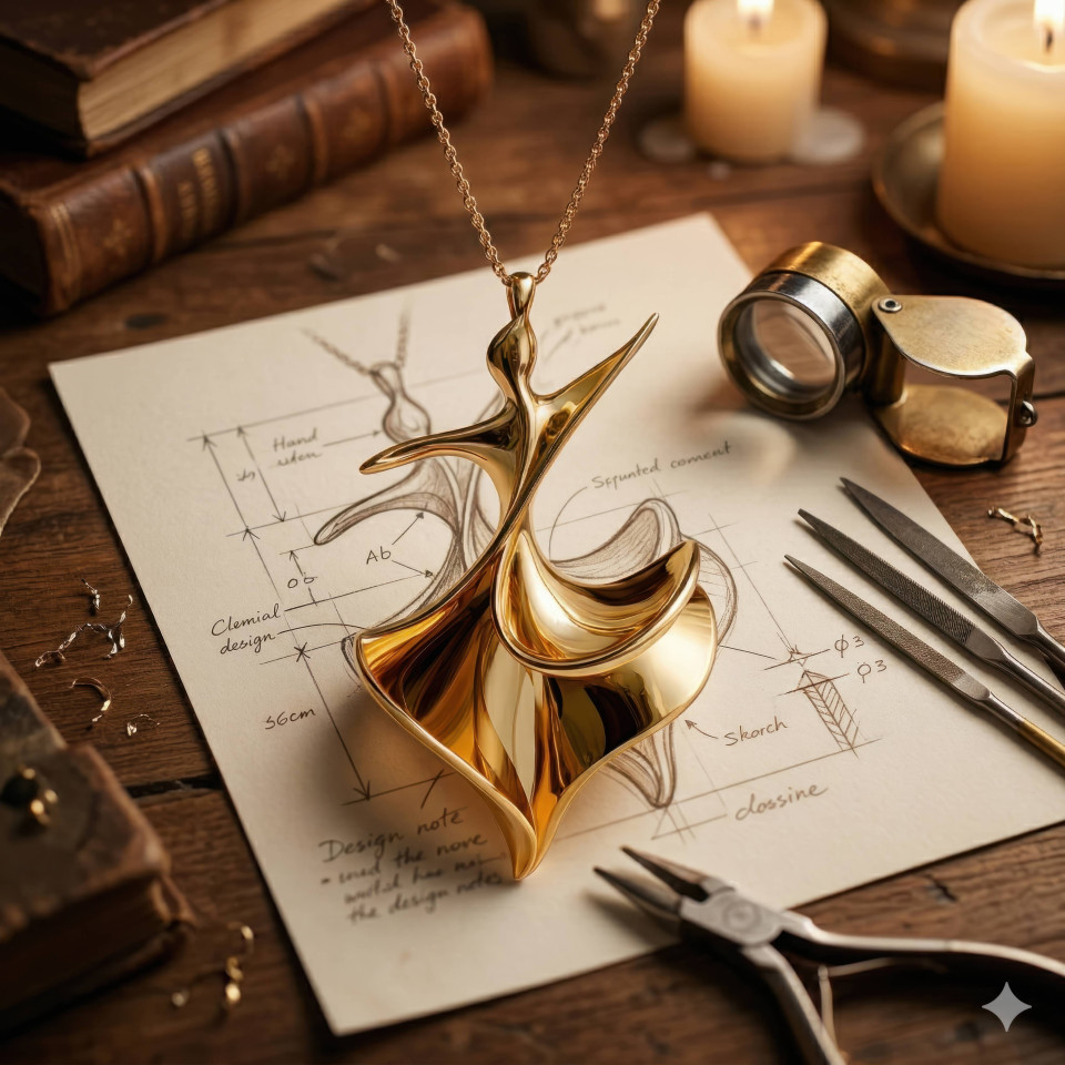 Gold pendant on artisan workbench with jewelry sketch google gemini prompt