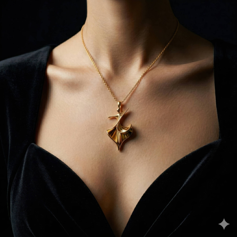 Elegant woman wearing gold necklace dark luxury portrait google gemini prompt