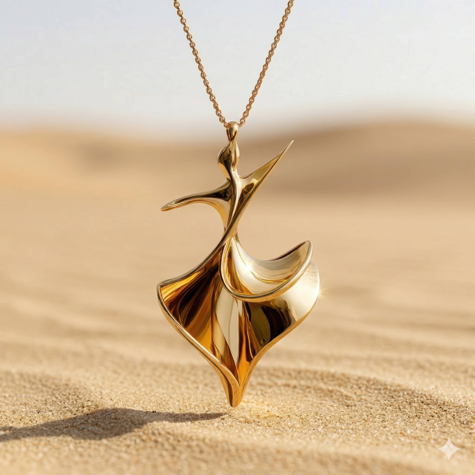 Gold pendant on desert sand minimal luxury scene google gemini prompt