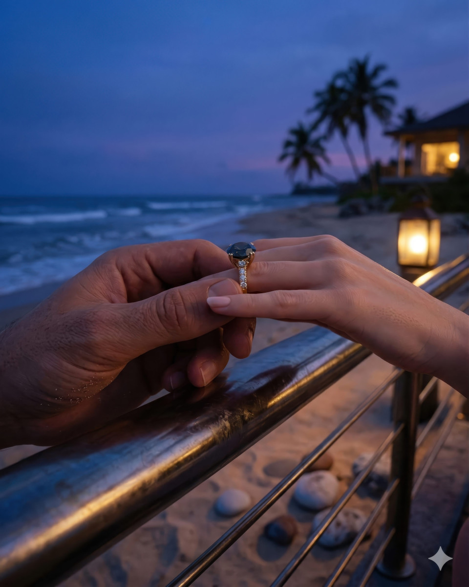 Romantic beach proposal with engagement ring at blue hour google gemini prompt