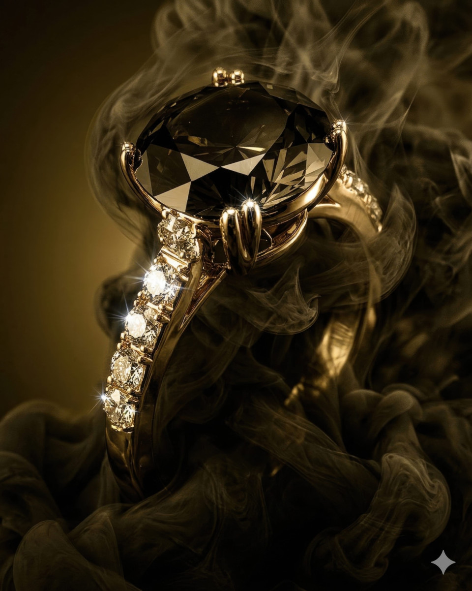 Avant garde diamond gold jewelry emerging from smoke macro shot google gemini prompt