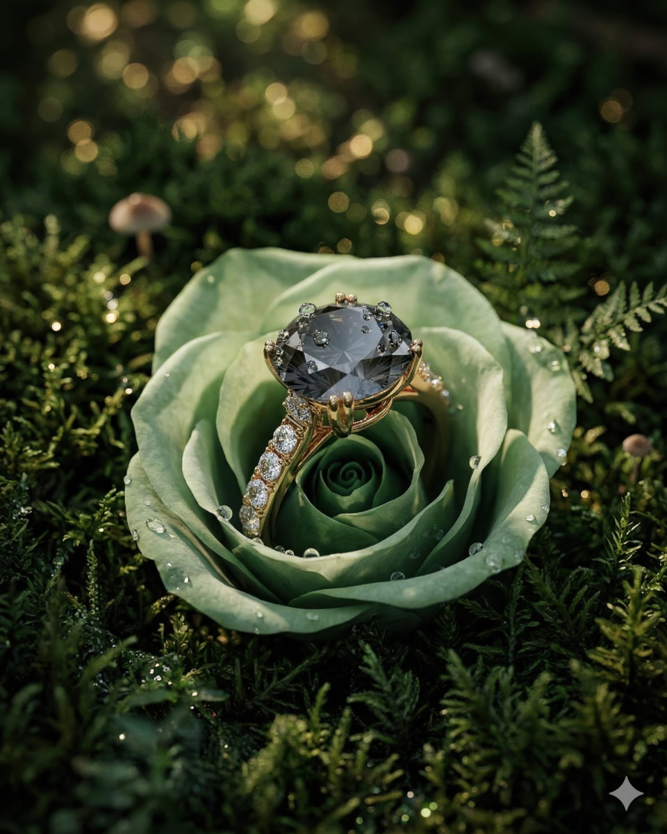 Diamond ring in moss and petal with forest light macro google gemini prompt
