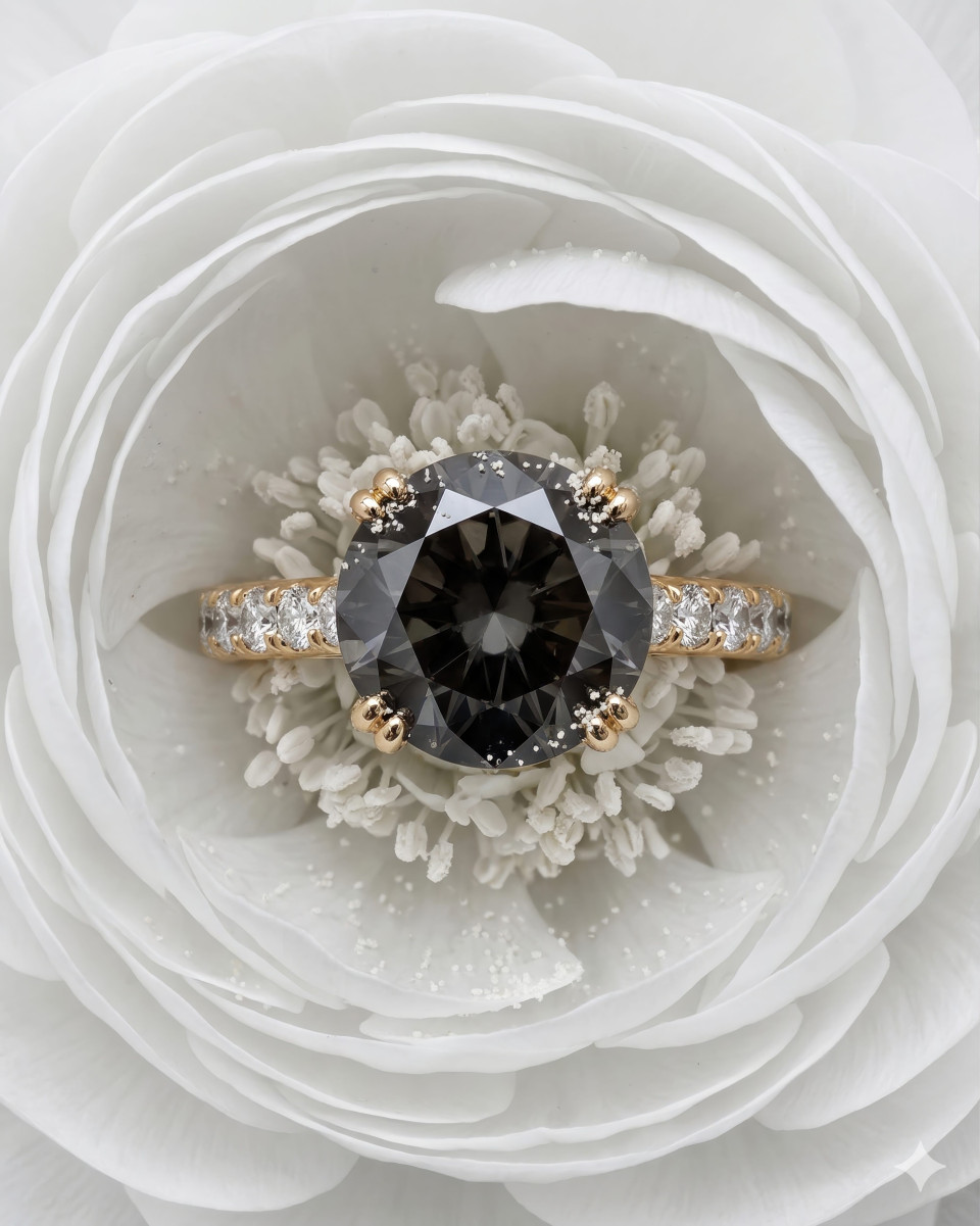 Diamond ring inside white flower macro fine art composition google gemini prompt