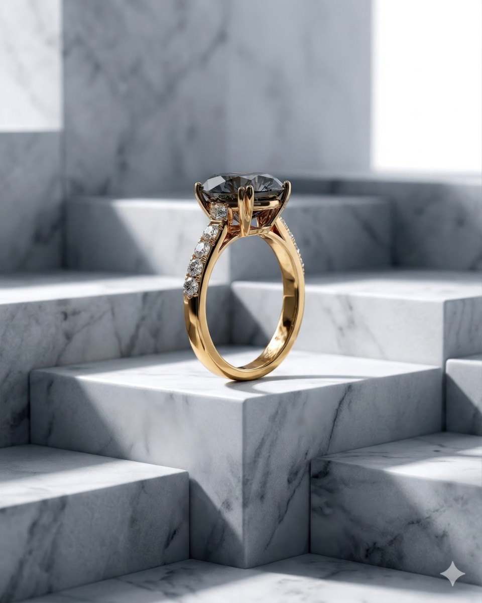 Diamond ring on marble blocks with geometric studio lighting google gemini prompt