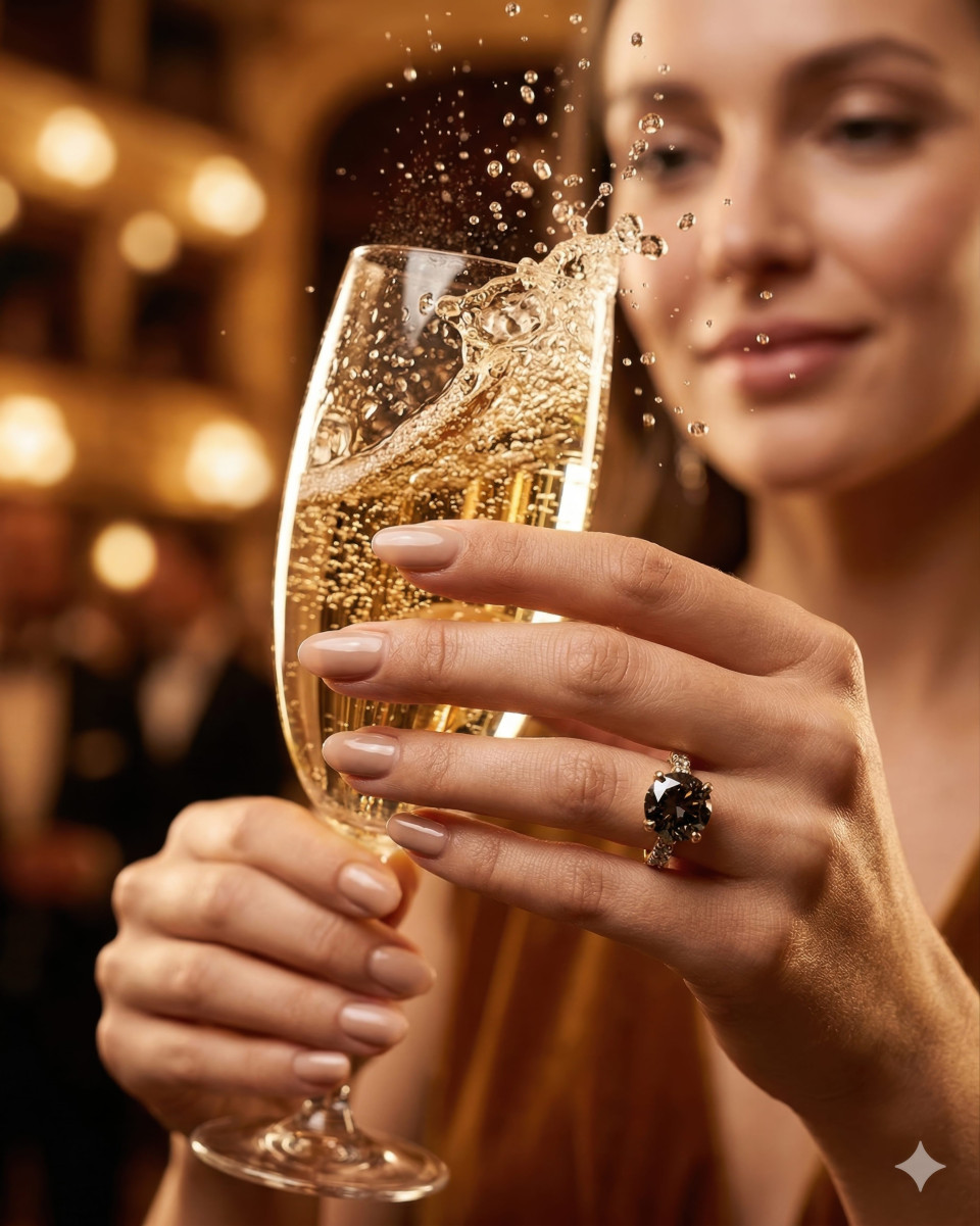 Diamond ring with champagne splash at luxury celebration google gemini prompt