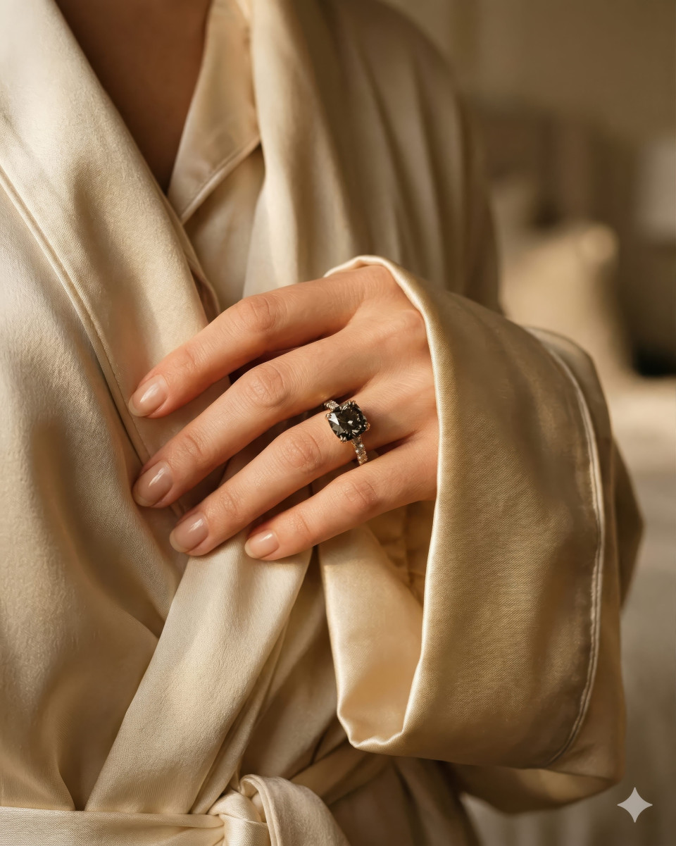 Diamond ring in silk folds with soft morning window light google gemini prompt