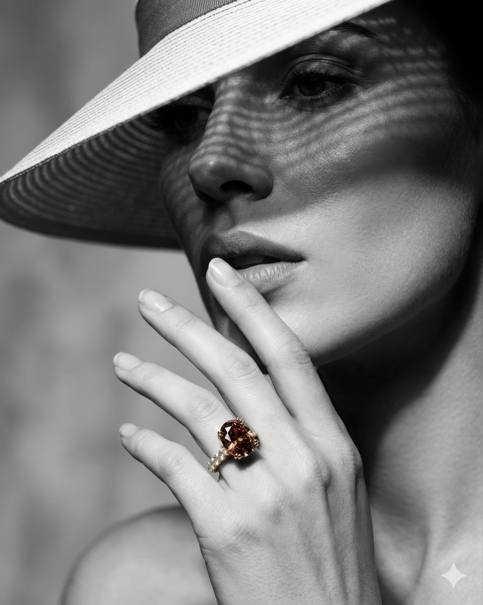 High fashion portrait with diamond ring in selective color google gemini prompt